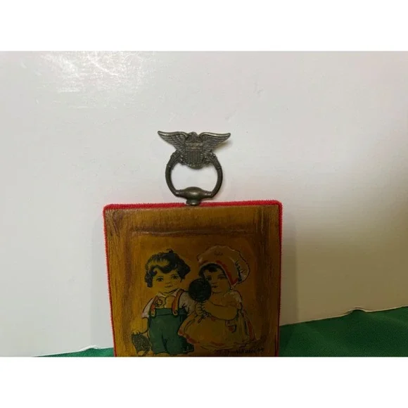 Vintage Wooden Wall Art Plaque Children with Eagle Ring Handle - Picture 2 of 6